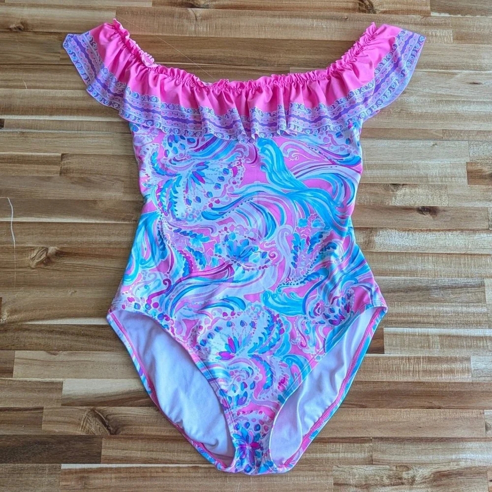 Lilly‎ Pulitzer Pink Paisley Off The Shoulder One Piece Swimsuit Size 8